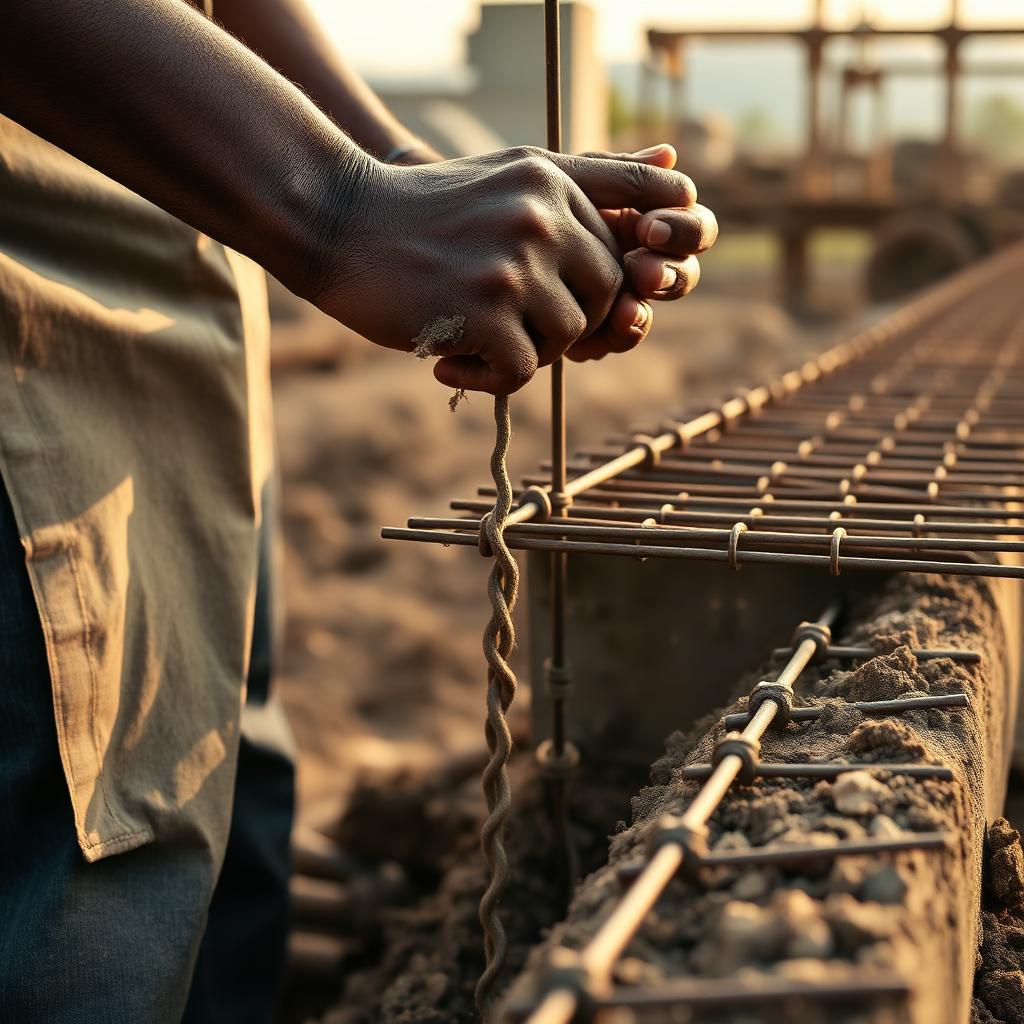 Close-up of a GilBay construction worker tying rebar