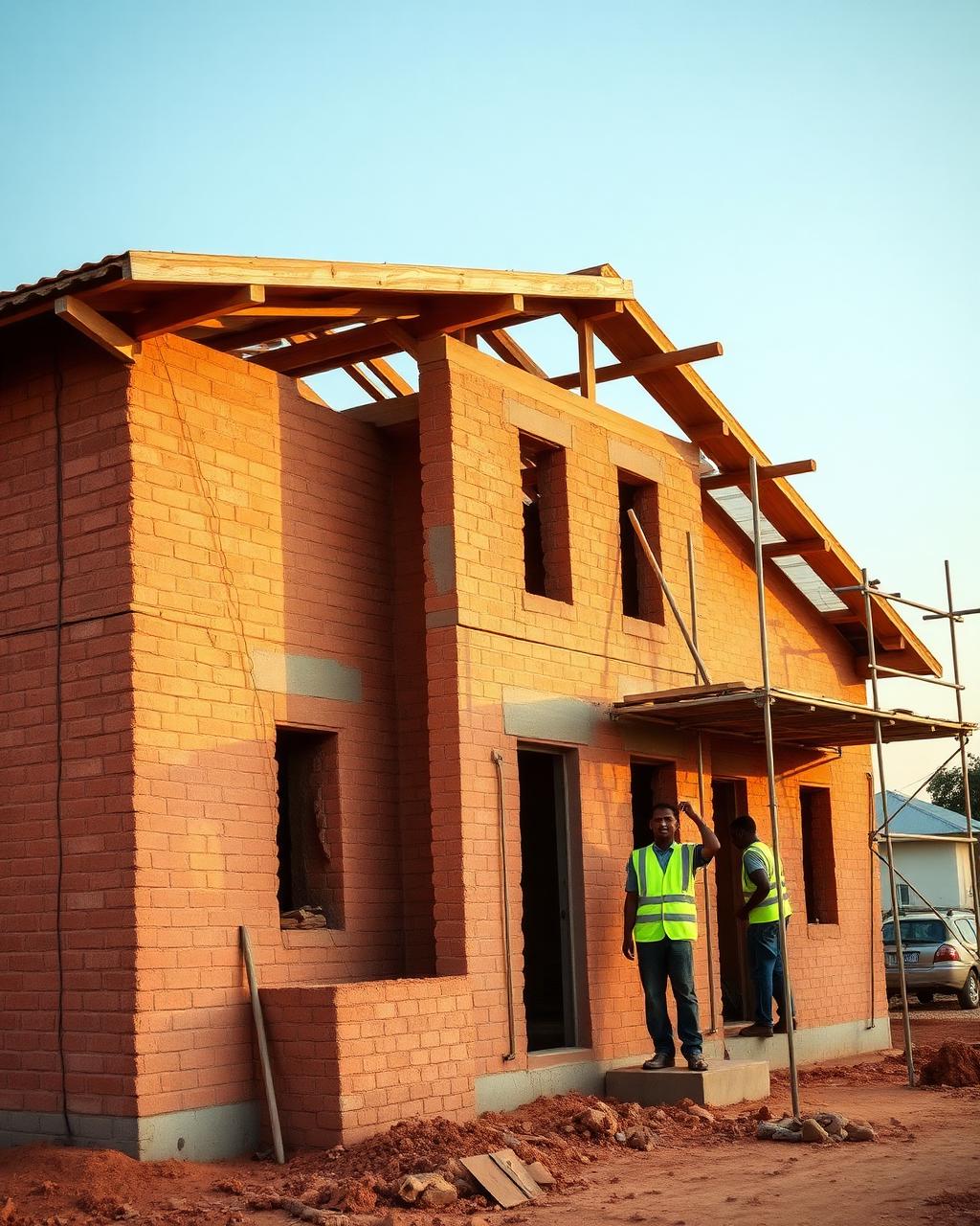 A GilBay residential house under construction with brick walls and timber roof trusses on the Zambian Copperbelt